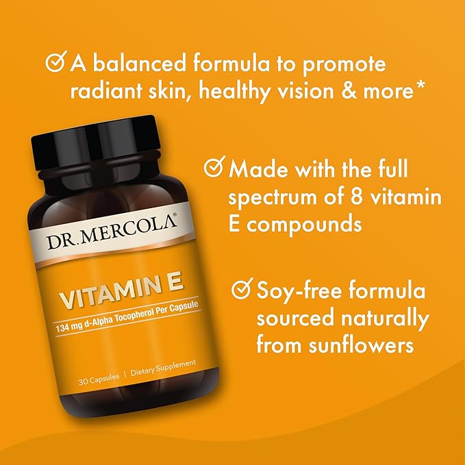 Dr. Mercola Vitamin E - Supports Healthy Skin & Antioxidant Status - Tocopherols and Tocotrienols Blend - Non-GMO, Gluten-Free & Soy-Free - 30 Capsules (30 Servings)