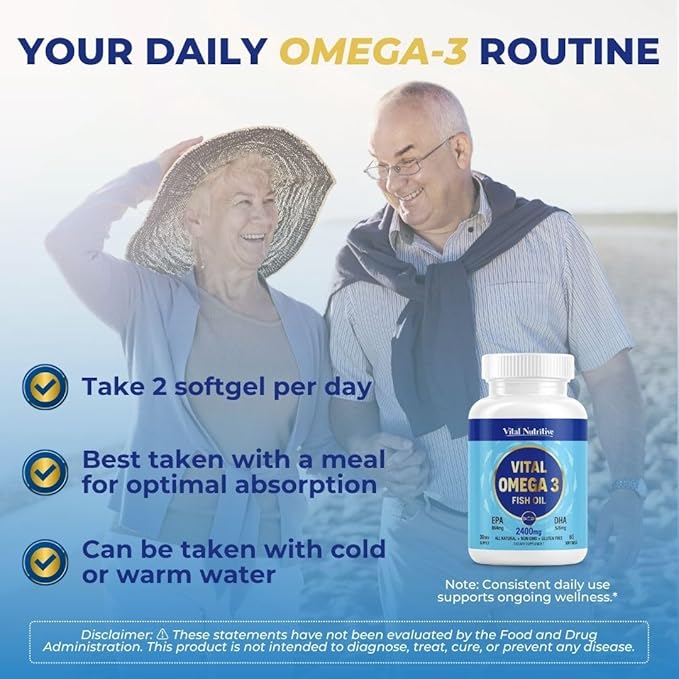 Vital Omega 3 Fish Oil Supplements 2400mg | 864mg EPA & 576mg DHA | 1440mg Total Omega-3 Fatty Acids | Promotes Brain & Heart Health | Non-GMO, Gluten-Free, Sugar-Free | Lemon | 30 Day Servings