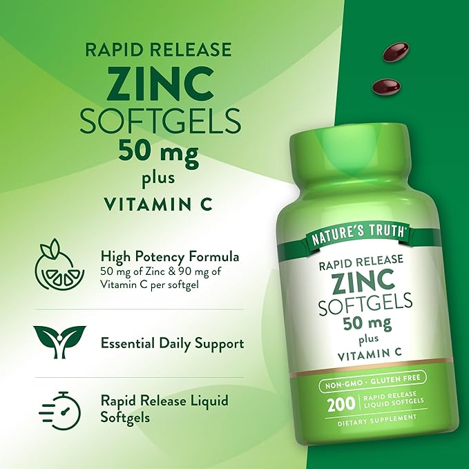 Nature's Truth Zinc 50mg Supplement | with Vitamin C | 200 Liquid Softgels | Non-GMO & Gluten Free