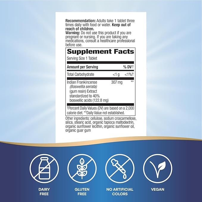 Nature's Way Boswellia Premium Extract, Supports Joint Mobility*, 307 mg Boswellia serrata Extract per Serving, Frankincense Supplement, Gluten Free & Vegan - 60 Tablets (Packaging May Vary)