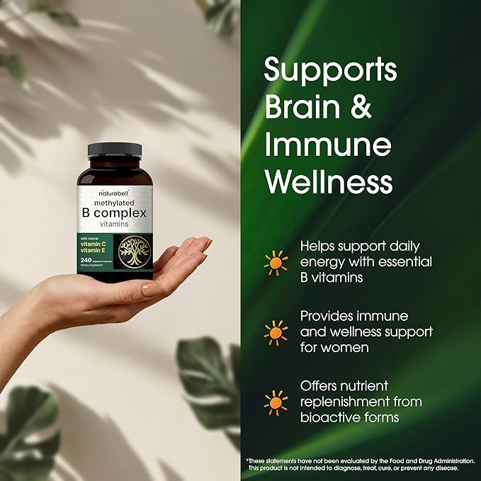 NatureBell Methylated B Complex Vitamins - 240 Vegetarian Capsules - High Bioavailability 12-in-1 Formula - for Immune Health & Energy Support* - Non-GMO & Gluten-Free