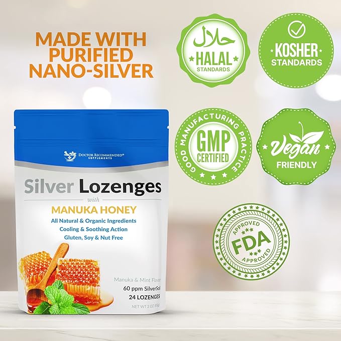 Silver Lozenges with Organic Manuka Honey and Vitamin C - All-Natural Nano Silver 45-50mcg of 60 PPM Colloidal Mineral Drops to Support Immune System, 72-Lozenges
