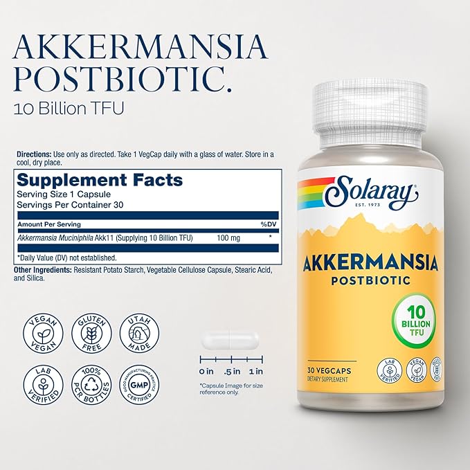 SOLARAY Akkermansia Postbiotic, Akk11, 10 Billion TFU, Beneficial Strain for Gut Health Support, Vegan, Gluten-Free, 60-Day Guarantee, 30 Servings, 30 VegCaps