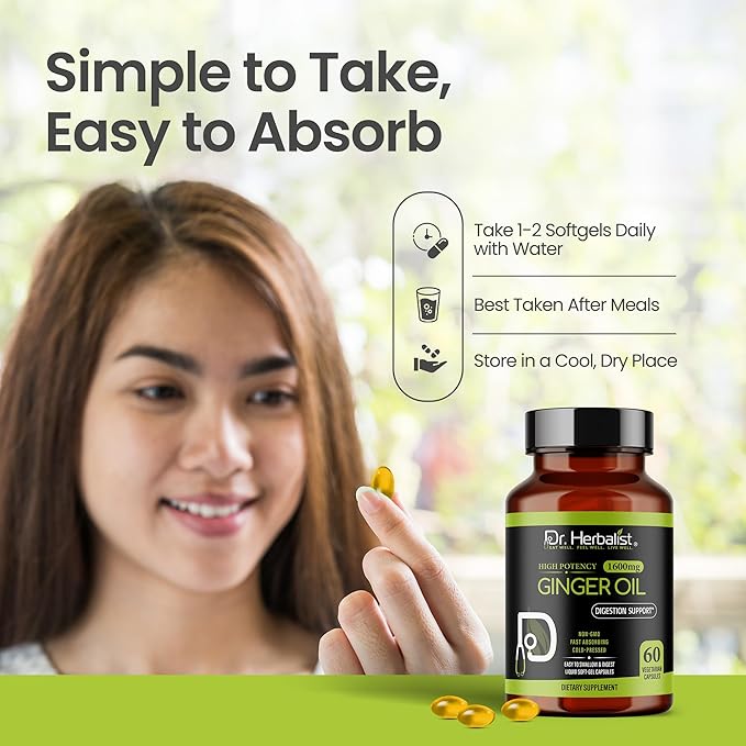 Dr. HERBALIST Ginger Oil Capsules 1600mg - Cold Pressed Zingiber Officinale with Gingerols & Shogaols | Supports Digestive Comfort & Joint Wellness* | Halal | 60ct