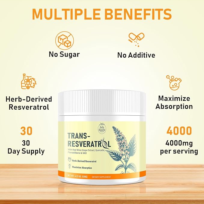 Trans-Resveratrol Powder Supplement with Red Wine Extract, Quercetin, Pterostilbene & NAD, 4.23 OZ, 30-Day Supply