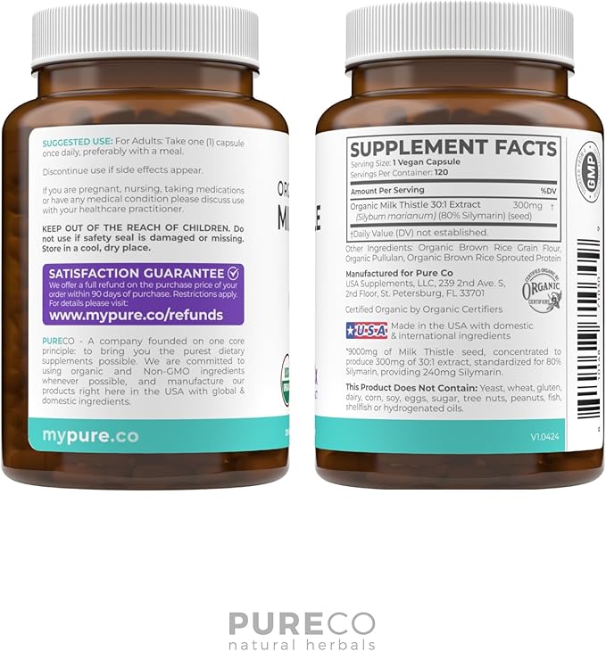 PURE CO USDA Organic Milk Thistle Capsules - 80% Silymarin Supplement for Liver Support- Super Concentrated 300mg of 30:1 Milk Thistle Extract Liver Detox 120 Day Supply