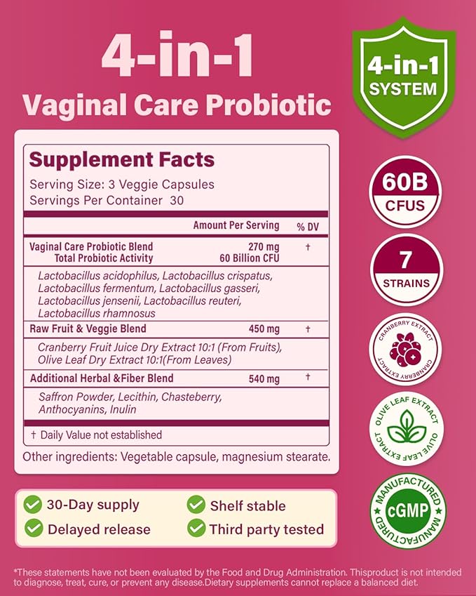 Vaginal Probiotics for Women pH Balance with Prebiotics - 60 Billion Womens Probiotic for Vaginal Flora, Odor, Yeast & Digestive Health with Saffron, Cranberry, Vegan & Non-GMO | 180 Caps