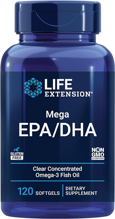 Life Extension Mega EPA/DHA, Omega-3 Fatty acids, Heart & Brain Health, Non-GMO, Gluten-Free, 120 softgels