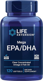 Life Extension Mega EPA/DHA, Omega-3 Fatty acids, Heart & Brain Health, Non-GMO, Gluten-Free, 120 softgels