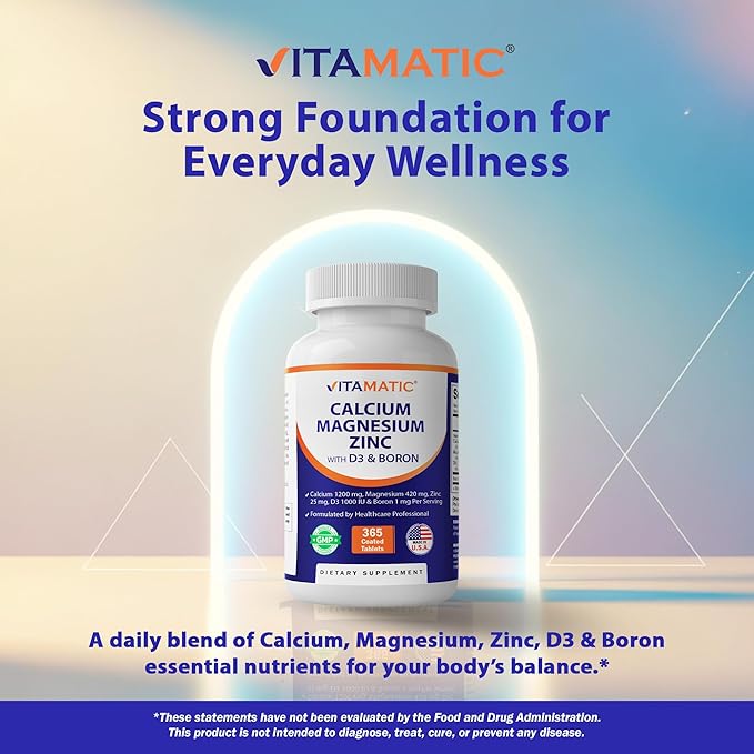 Vitamatic Calcium Magnesium Zinc D3 Boron | 365 Coated Tablets Supplement | Calcium 1200 mg, Magnesium 420mg, Zinc 25mg, Vitamin D3 1000 IU, Boron 1 mg | Non-GMO | Gluten Free | Made in USA