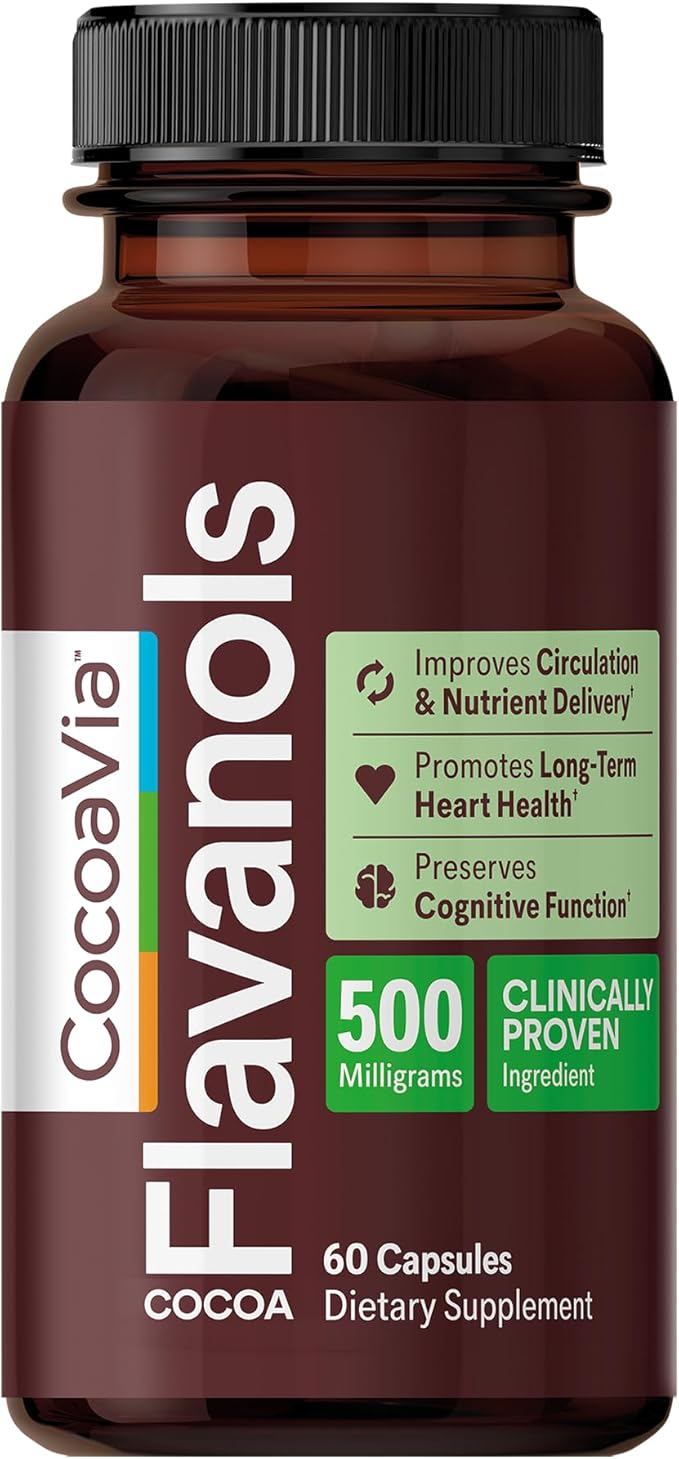 CocoaVia Cocoa Flavanols 500mg – Heart & Brain Support Supplement, High Flavanol Cocoa, Blood Circulation & Memory Booster, Nitric Oxide, Energy & Oxygen Boost, Vegan, Gluten-Free, 60 Capsules