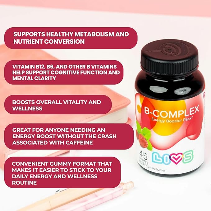 LIVS Vitamin B Complex Gummies with B12, Biotin, B3, B6 & Vitamin C for Kids & Adults | Energy, Support & Recovery Supplement | Promotes Mood, Metabolism & Nerve Function | Strawberry Flavor – 45 Ct