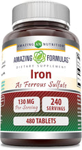 Amazing Formulas Iron as Ferrous Sulfate Supplement | 130 Mg | Tablets | Non-GMO | Gluten Free | Made in USA (480 Count)