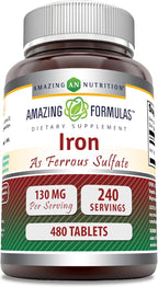 Amazing Formulas Iron as Ferrous Sulfate Supplement | 130 Mg | Tablets | Non-GMO | Gluten Free | Made in USA (480 Count)