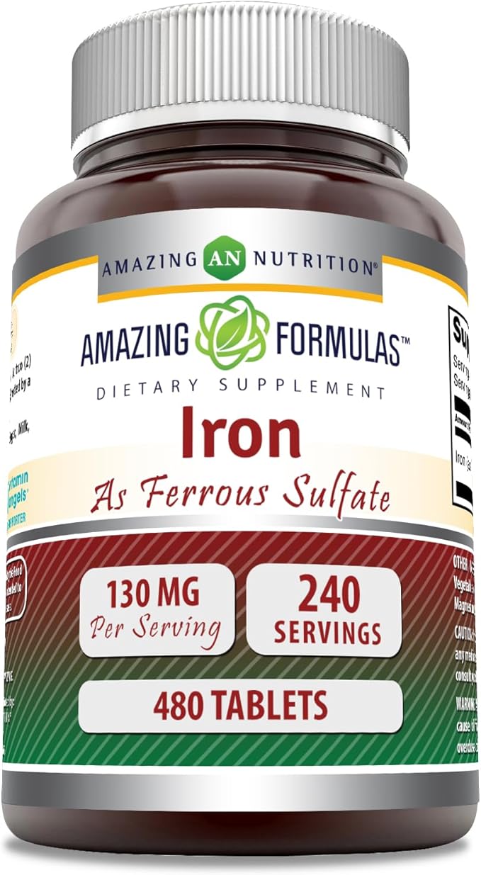 Amazing Formulas Iron as Ferrous Sulfate Supplement | 130 Mg | Tablets | Non-GMO | Gluten Free | Made in USA (480 Count)