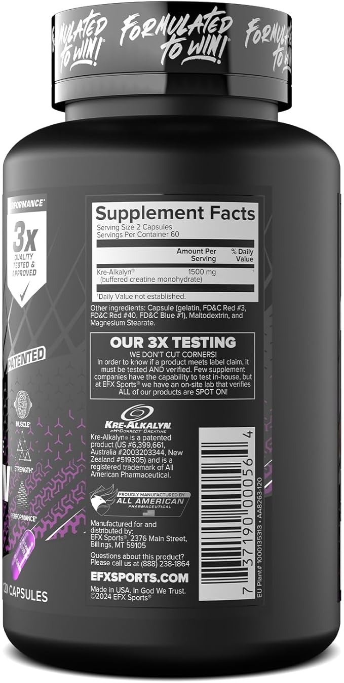 EFX Sports Kre-Alkalyn EFX | pH Correct Creatine Monohydrate Pill Supplement | Strength, Muscle Growth & Performance | 60 Servings, 120 Capsules