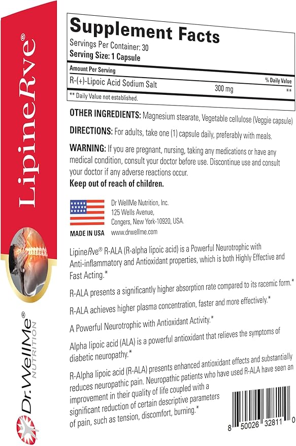 Dr.WellMe Lipinerve R Alpha Lipoic Acid 300mg Capsules Per Serving - an Antioxidant Supplement, Kosher | Halal 30 Count - Made in USA