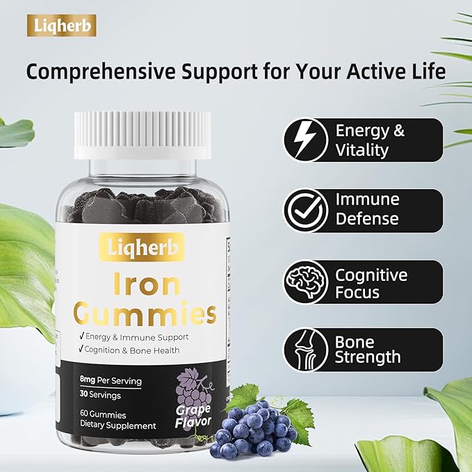 8mg Iron Supplement Gummies for Women & Men, with Boron & Vitamin C, Energy & Immune System Supports, Cognitive & Bone Health, Delicious Grape Flavor, Vegan, Non-GMO, Gluten Free, 60