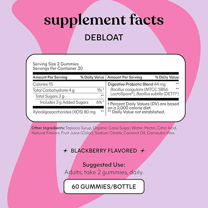Lemme Debloat - Digestive & Gut Health Gummies with 2 Clinically Studied Probiotics & Prebiotic, Vegetarian, Gluten Free, Non GMO, BlackBerry Flavor (60 Count) (Pack of 2)