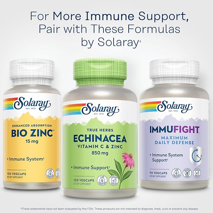 SOLARAY Echinacea Vitamin C and Zinc Wellness Formula - Immune Support Supplement - Echinacea Capsules with Vitamin C 500mg Plus Bioflavonoids, Vegan, 60-Day Guarantee, 50 Servings, 100 VegCaps
