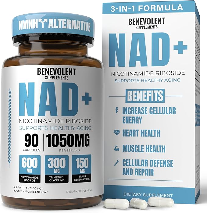 Benevolent NAD+ Supplement 1050mg, Max Absorption 3in1 NAD Supplements for Women & Men with Nicotinamide Riboside, Trans-Resveratrol & TMG, NAD Plus for Cellular Energy, Brain Support & Aging, 90 Caps