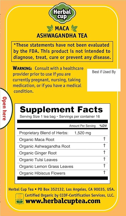 Herbal Cup Ayurveda Maca Tea, Organic Ashwagandha, No Caffeine Herbal Teas (16 Count, Pack of 6)