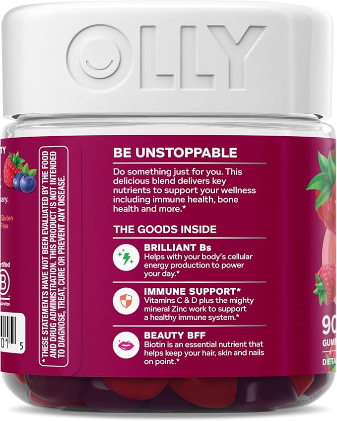 OLLY Women's Multivitamin Gummy, Vitamins A, D, C, E, Biotin, Folic Acid, Adult Chewable Vitamin, Berry Flavor, 45 Day Supply - 90 Count (Pack of 12)