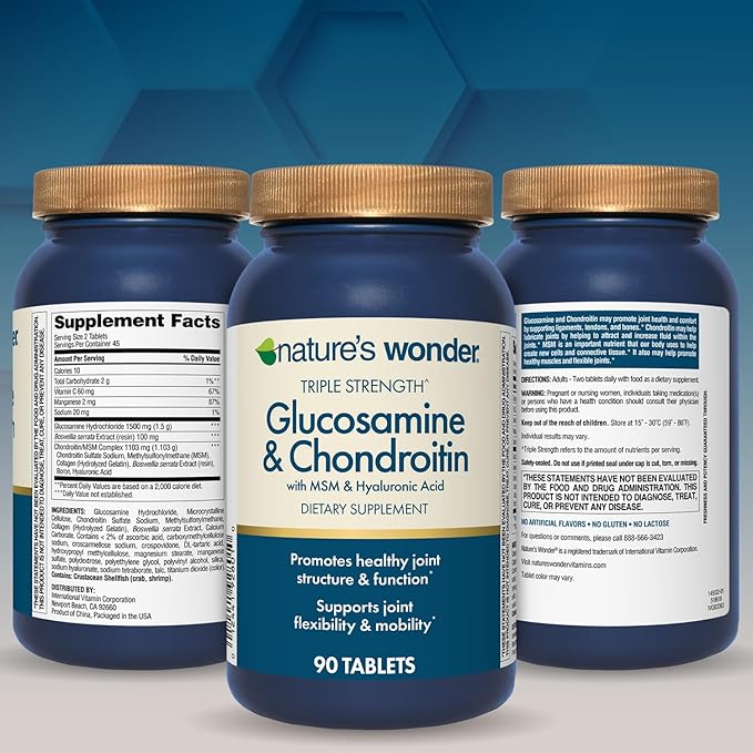 Nature's Wonder Triple Strength Glucosamine Chondroitin with MSM and Hyaluronic Acid and Boswellia for Joint Health, Supports Joint Flexibility and Mobility, 45 Day Supply, 90 Tablets (Pack of 2)