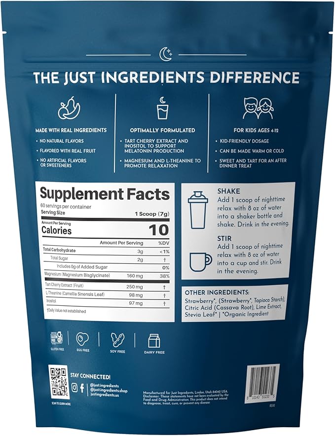 JUST INGREDIENTS Kids Nighttime Relax Drink Mix – Strawberry Limeade Flavor – 60 Servings | Magnesium, Tart Cherry & L-Theanine | Supports Evening Calm, Relaxation & Restful Sleep*