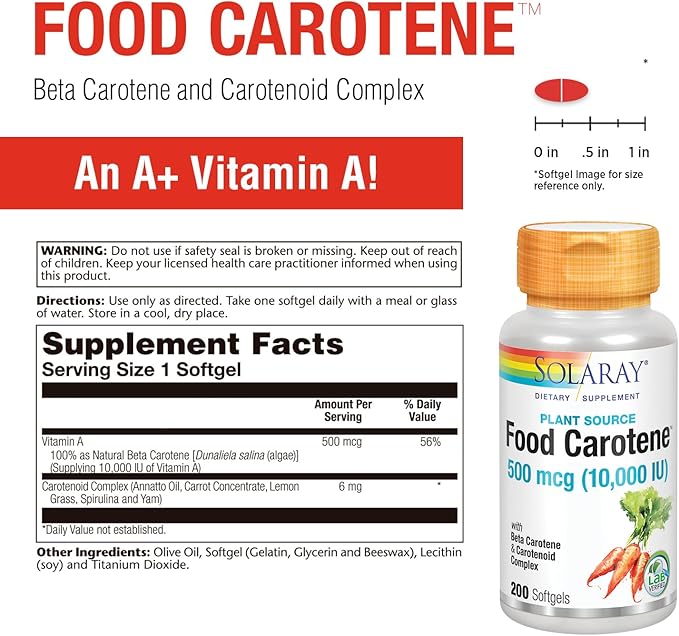 SOLARAY Food Carotene, Vitamin A 10000 IU | Healthy Skin, Eyes, Antioxidant & Immune Support (200 CT)