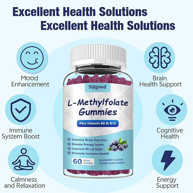 L-Methylfolate Gummies with Methyl B12 - Empower Mood, Optimize Brain Health & Fortify Immune System. Blueberry Flavor 60 Count.