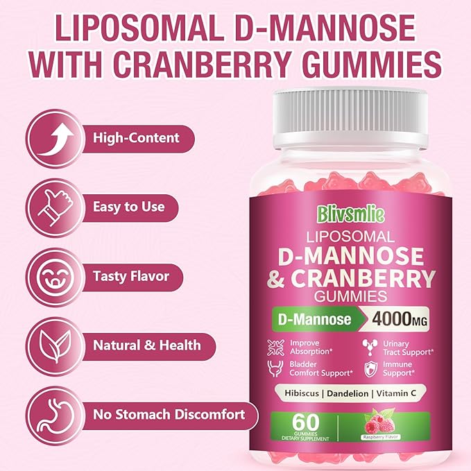 2 Pack Liposomal D-Mannose Gummies 4000mg Complex Cranberry 1500mg & Hibiscus,High-Potency Formula for Women Urinary Tract & Immune Support,Liver, Bladder Flush Cleanse Wellness Supplement