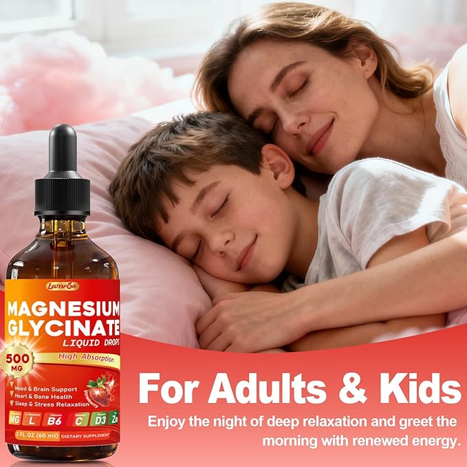 Magnesium Glycinate Liquid Drops 500mg – High Absorption with Vitamin B6, D3, C, Zinc – Supports Mood, Sleep, Heart & Bone Health – Vegan, Non-GMO, Gluten Free – 2 FL OZ, Strawberry Flavor