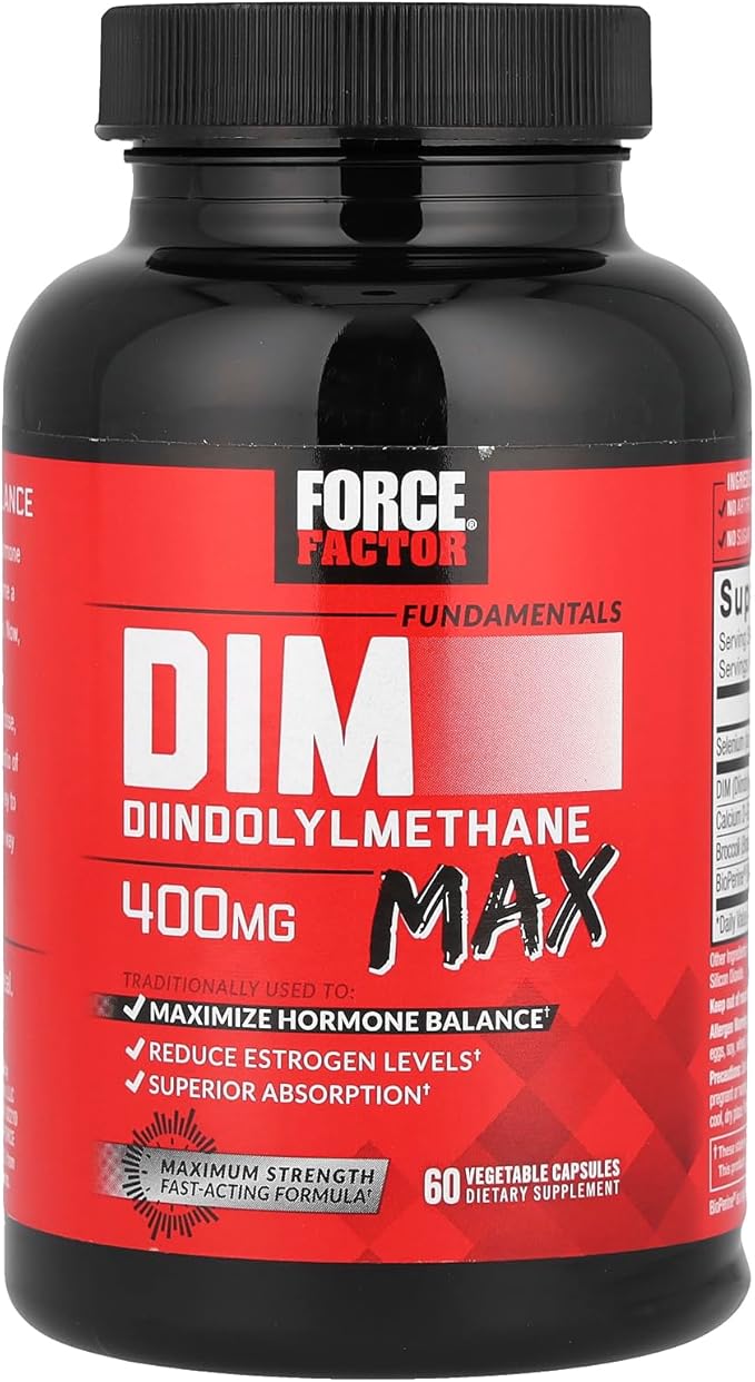 Force Factor DIM Max, DIM Supplement 400mg, Estrogen Balance for Women & Men, Extra Strength for Hormonal Acne, Metabolism, Menopause, PCOS, Diindolylmethane, Superior Absorption, 60 Capsules