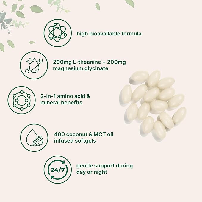 L-Theanine 200mg with Magnesium Glycinate, 400 Coconut MCT Oil Softgels | 2-in-1 Amino Acid & Mineral Complex | Gentle Care All Day & Night