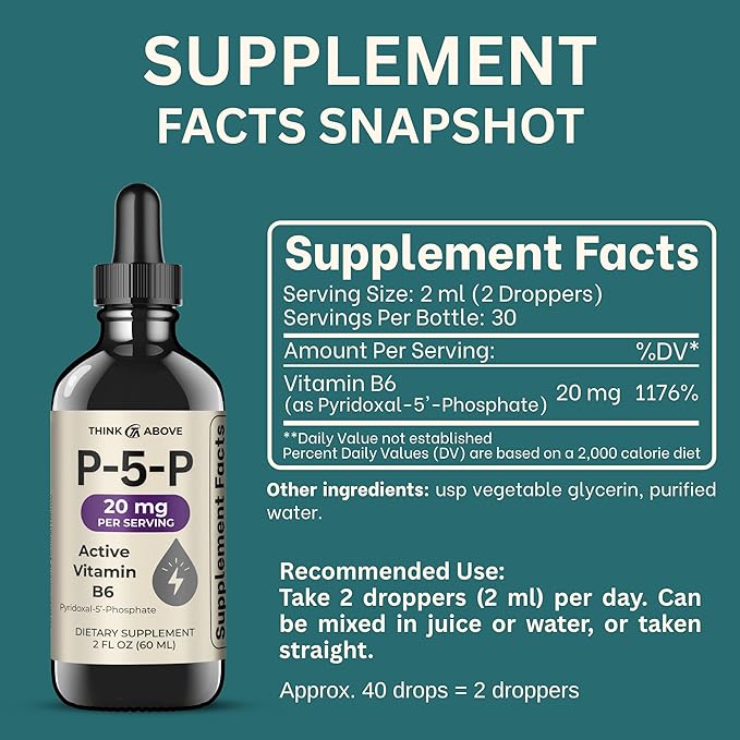 P5P Liquid Drops – Activated Vitamin B6 (Pyridoxal-5-Phosphate) – Fast Absorption Formula – Nervous System & Energy Support – 2 oz (60 mL) – Think Above