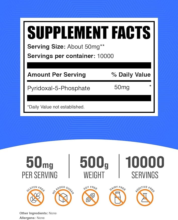BulkSupplements.com Pyridoxal 5 Phosphate Powder - P-5-P Vitamin B6 Supplement, P-5-P 50mg - P5P Supplement, Gluten Free, 50mg of per Serving, 500g (1.1 lbs) (Pack of 1)