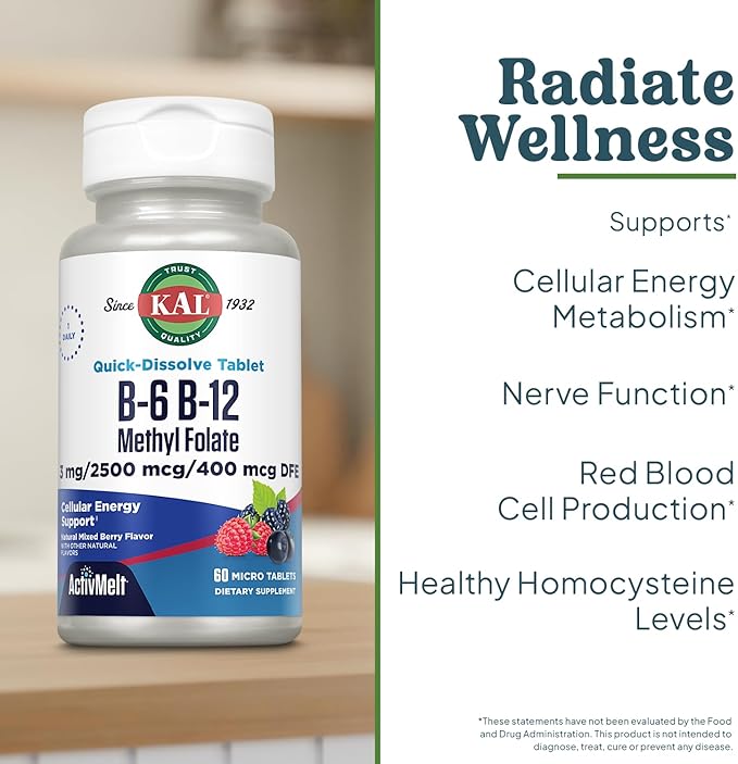 KAL Vitamin B-6 B-12 Methyl Folate ActivMelt, Vitamin B Supplement, Heart Health, Energy and Red Blood Cell Support with Methyl B12 and DFE Folic Acid, Natural Berry Flavor, 60 Servings, 60 Micro Tabs