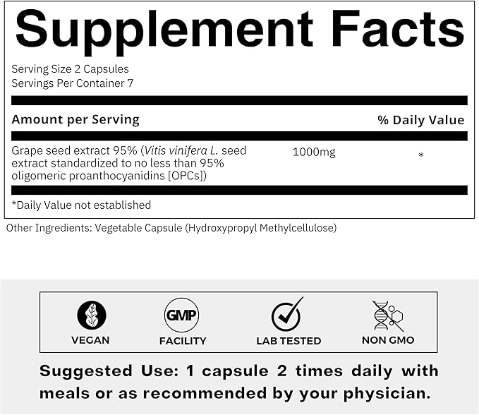 Grape Seed Extract 500mg - 95% OPCs Polyphenols - High Strength Grape Seed Supplement - Support Cardiovascular Health – (Trial Pack)