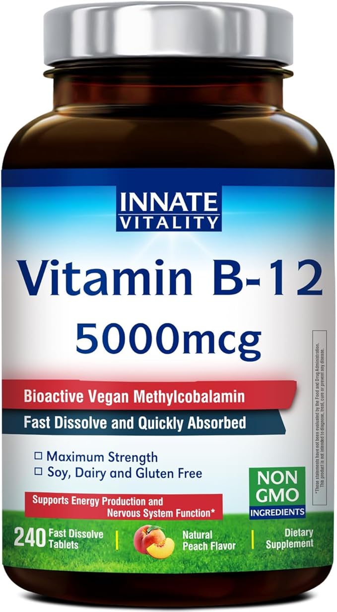 Innate Vitality Vitamin B12 5000mcg, Sublingual, Vegan Methylcobalamin, Fast Dissolve Tablets, Natural Peach Flavor, Supports Energy Production & Healthy Nervous System, 240 Tablets