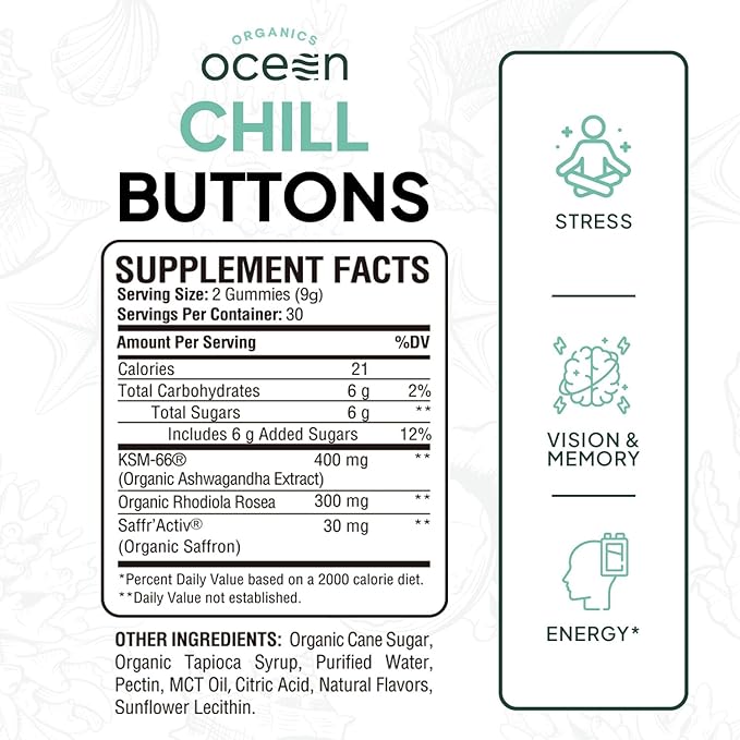 Organics Ocean Chill Buttons – Natural Ashwagandha Gummy Supplement with Organic KSM-66, Saffron & Rhodiola Rosea – Supports Relaxation, Mood, Focus & Energy - 1-Pack, 60 Count