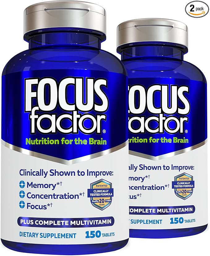 Focus Factor Nutrition for The Brain, Improved Memory & Concentration Brain Supplement, Complete Multivitamin with Vitamins B6, B12, D, Bacopa Monnieri & Tyrosine, 150 Count (Pack of 2)
