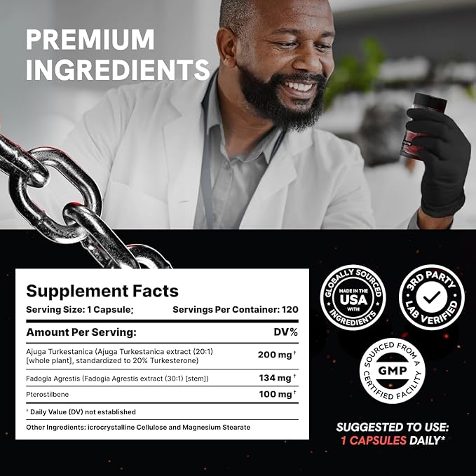 Organic Turkesterone Supplement for Men - Muscle Recovery & Growth with Organic Fadogia Agrestis, Pterostilbene, Ajuga Turkestanica | Complexed Turkesterone Powder | 480 Servings - 4 Packs