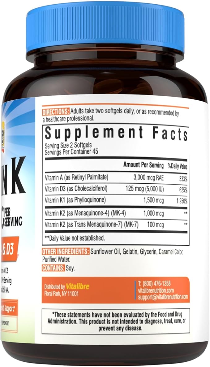 Vitamin K Complex, 2600 mcg K1 & K2 (MK-7 & MK-4), with Vitamin A & D3 5000 IU, Bioavailable, Full Spectrum, for Bone Strength and Heart Health, 90 Softgels