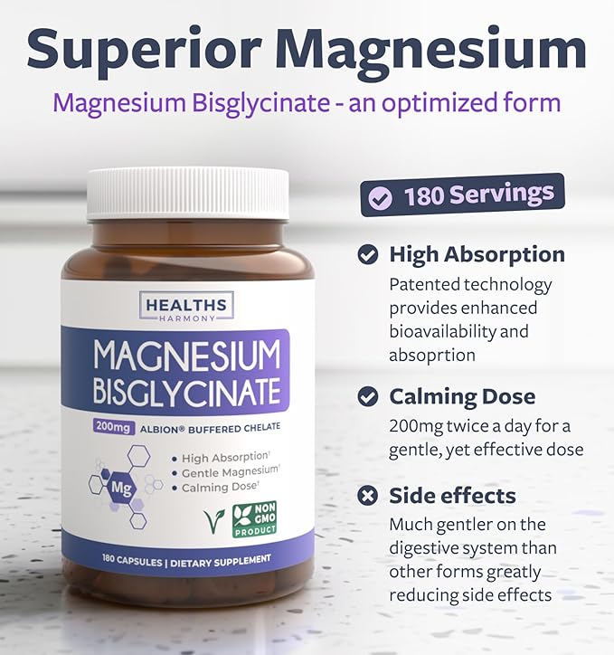 High Absorption Magnesium Bisglycinate Capsules - Clinically Validated Buffered and Chelated Magnesium Supplement - 1 Daily Vegan Capsule with Lab Verified Gentle 200mg Serving (6 Month Supply)