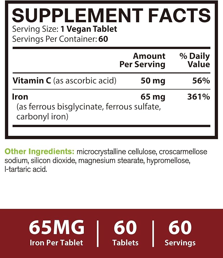 Iron Supplement for Women & Men, 3-in-1 65mg Iron Pills, Bisglycinate, Sulfate, Carbonyl Iron with Vitamin C, Enhanced Absorption, Energy, Red Blood Cell Support, Gentle, 60 Tablets