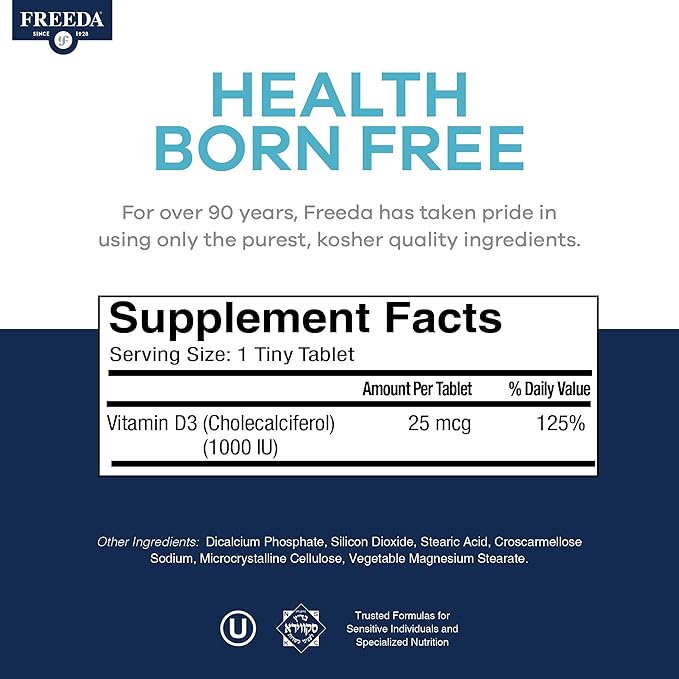 FREEDA Pure Vitamin D3 1000 IU – Daily Maintenance Dose – Bone Health, Joint, Muscle & Immune Support – Vit D3 Vitamin D Supplement for Women & Men – 25 mcg 1,000 IU Easy-to-Swallow (500 Tiny Tablets)