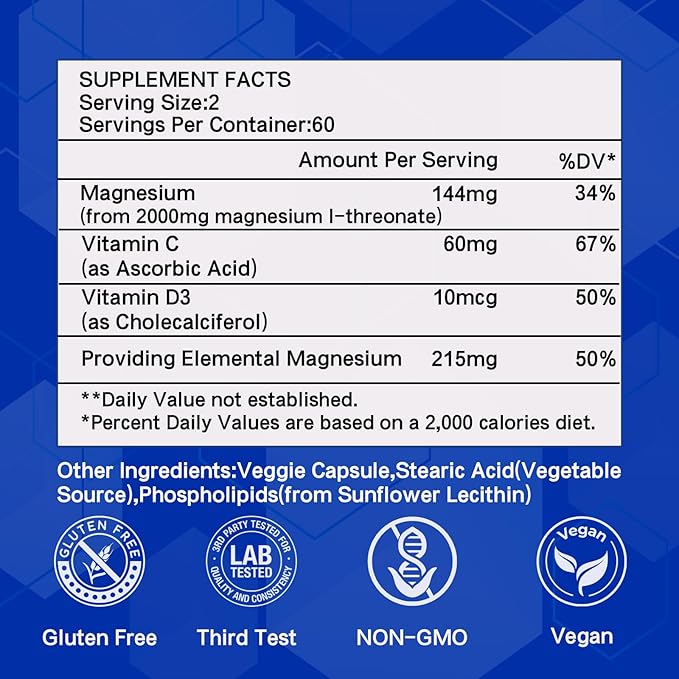 Magnesium L-threonate Supplement 2000mg,Magnesium Threonate with Vitamin C & Vitamin D3,High-Absorption,Max Potency,Support Clarity,Zzz &Immune,Non-GMO & Gluten Free,120 Capsules (Pack of 1)