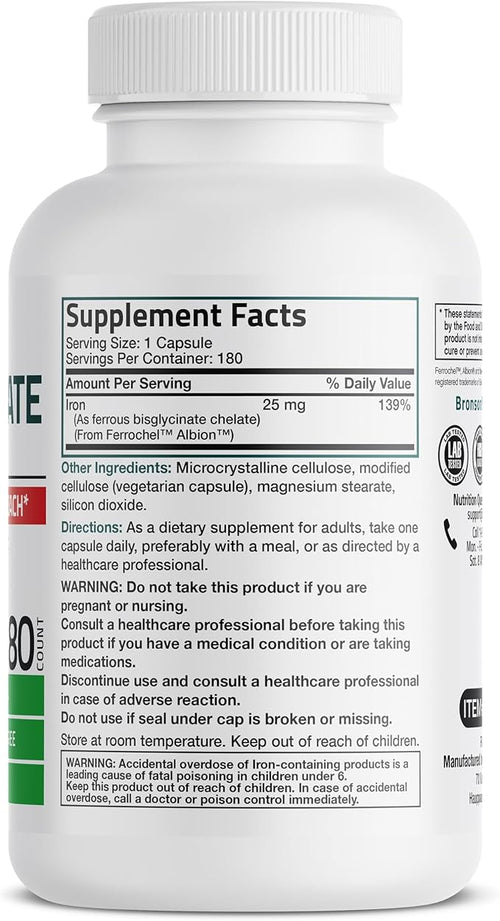 Bronson Iron Bisglycinate 25 mg Gentle on The Stomach, Supports Energy & Healthy Red Blood Cell Production - Non-Constipating Formula - Non GMO, 180 Vegetarian Capsules
