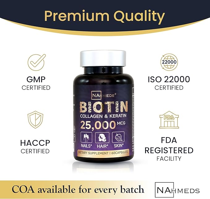 Biotin + Beauty Blend – 25,000 mcg Complex with Collagen, Keratin, MSM – Hair, Skin & Nail Support – Gluten-Free – GMP, ISO 22000, HACCP Certified – COA Available – 60 Capsules